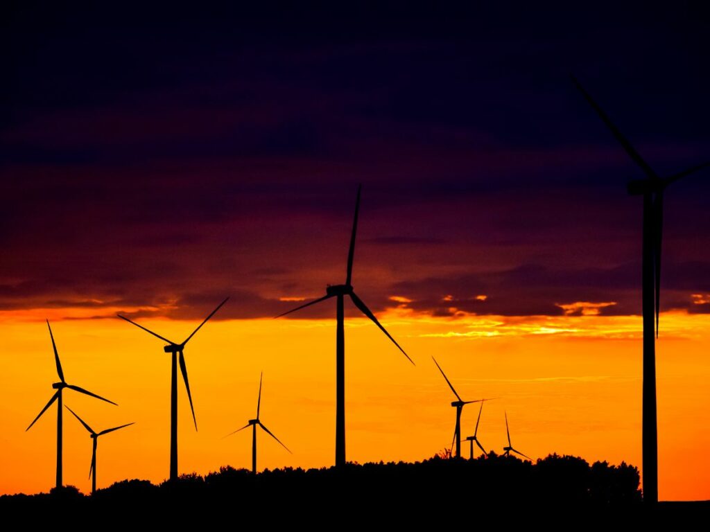 wind turbines at dusk