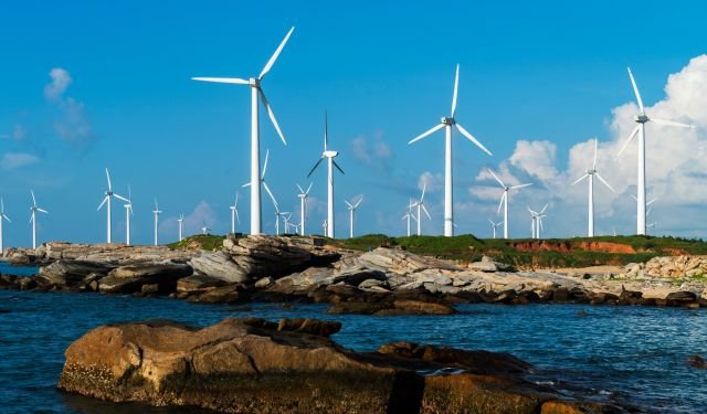 wind farm turbines on the sea shores
