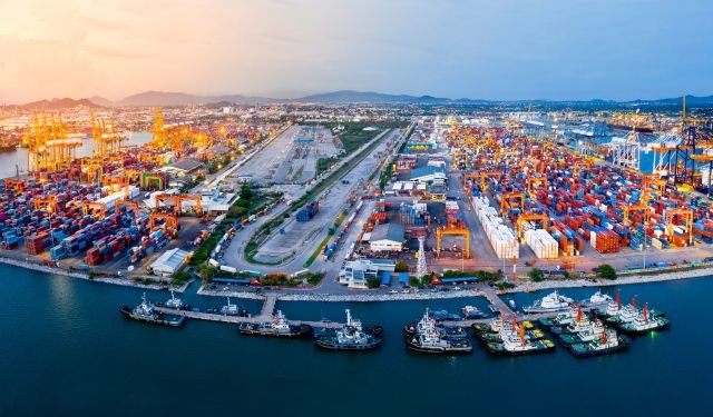 marine port panorama with cranes and ships