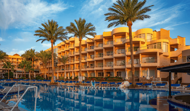 5 star holiday hotels in a holiday resort in the evening sun