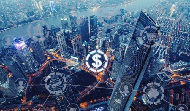 city by the river with money overlay