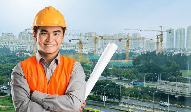 engineer and city construction panorama with high rises
