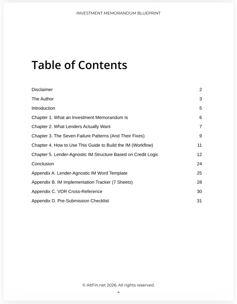 AltFin Investment Memorandum Guide - Table of Contents