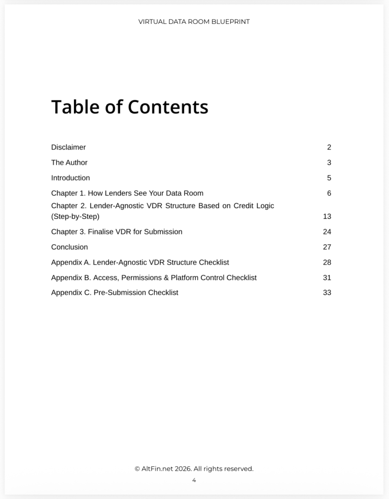 AltFin Virtual Data Room Guide - table of contents