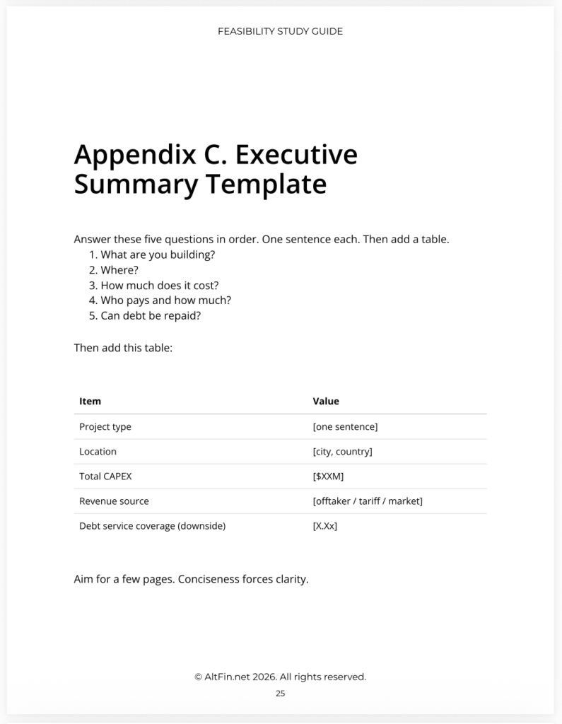 Screenshot of Executive Summary Template from AltFin's Feasibility Study Guide