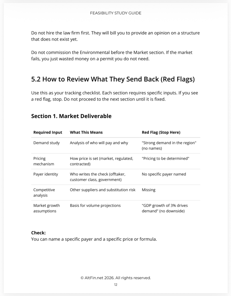 Screenshot of How to Review What Experts Send Back (Red Flags) from AltFin's Feasibility Study Guide