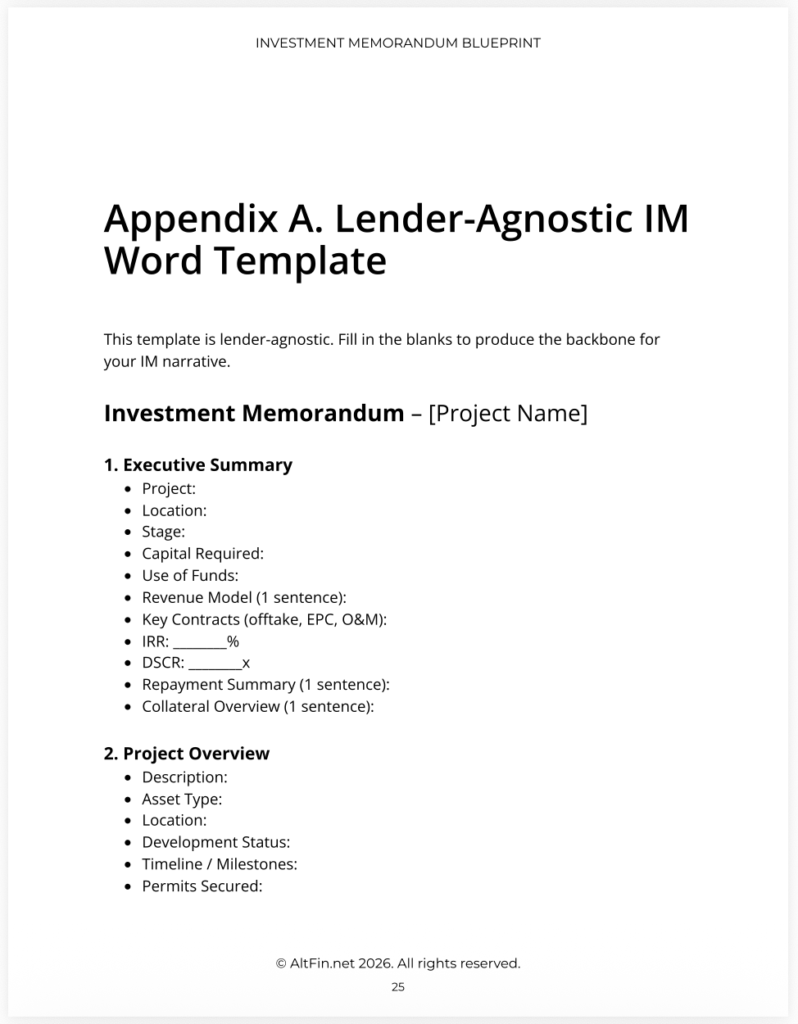Screenshot of Lender-Agnostic IM Template (Word) from AltFin's Guide