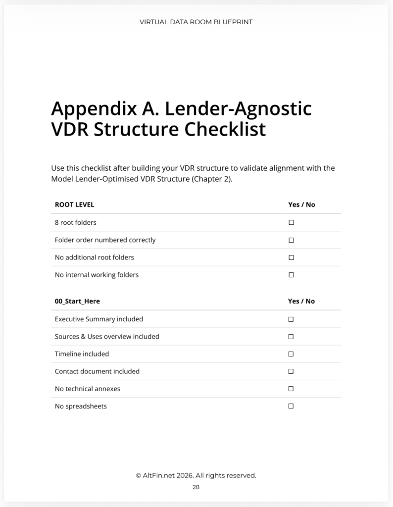 Screenshot of the VDR Structure Checklist from AltFin's VDR Guide