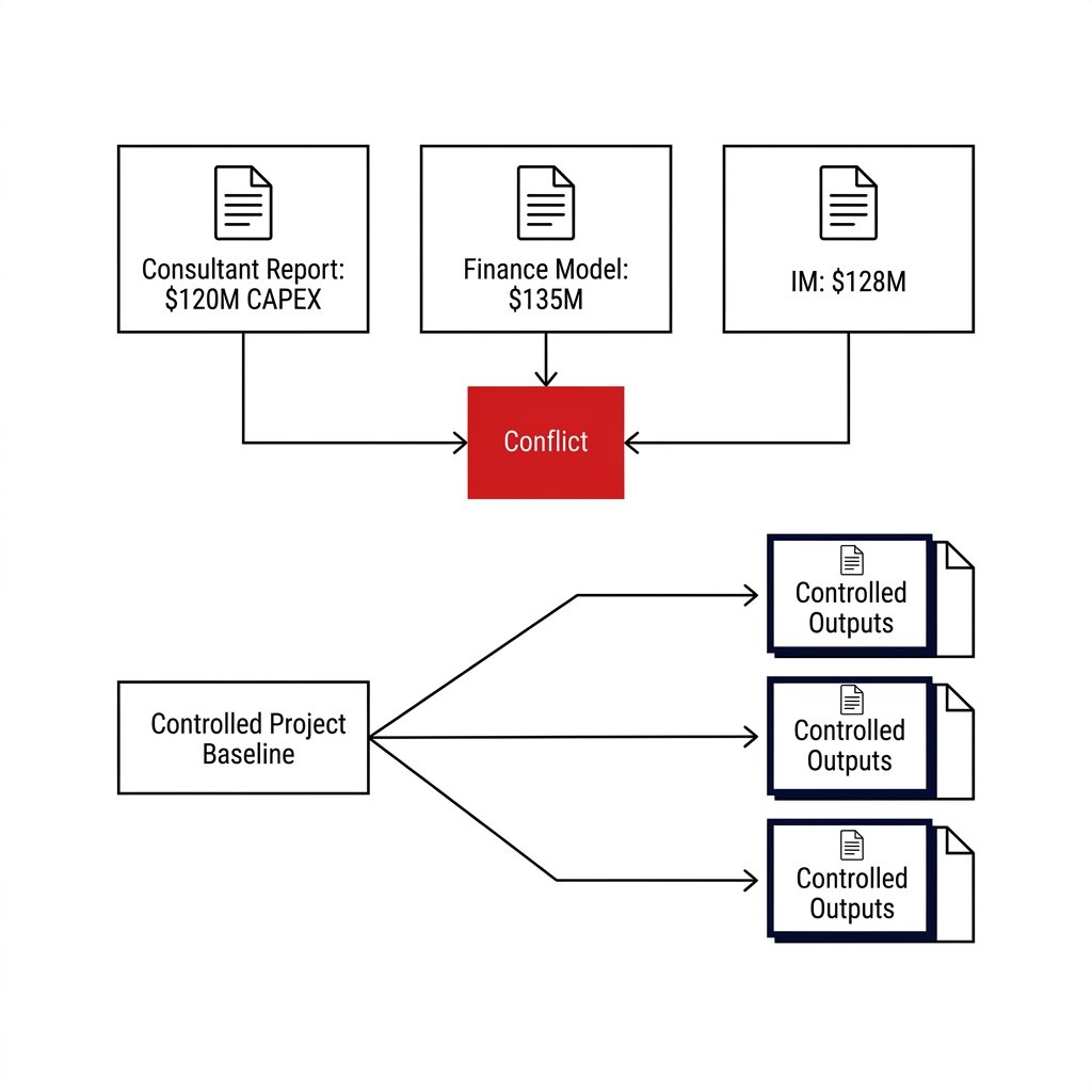 a digram showing different figures in a consultant report, financial model and an IM vs controlled structured coherent project outputs