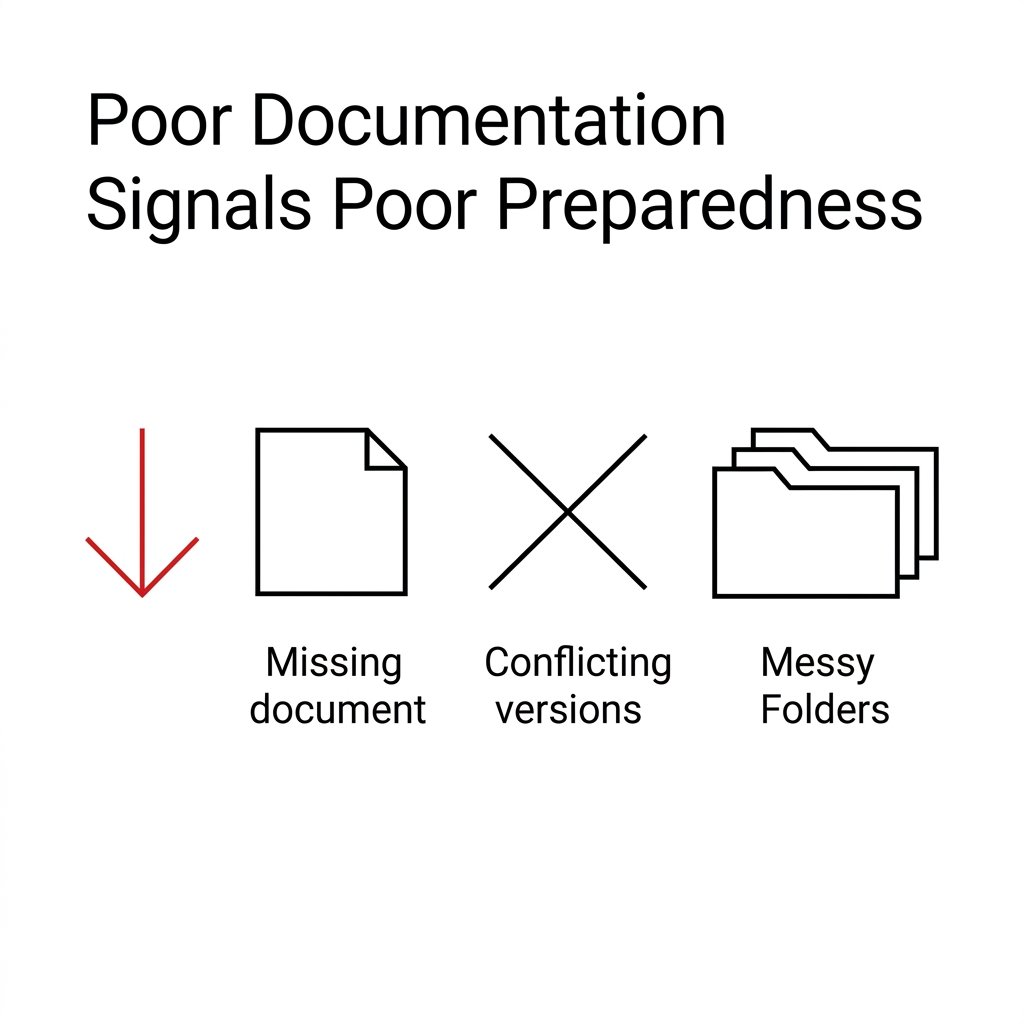 VDR poor preparadnesss diagram : poor documentation signals poor preparedness showing vdr with missing documents, conflicting versions and messy folders