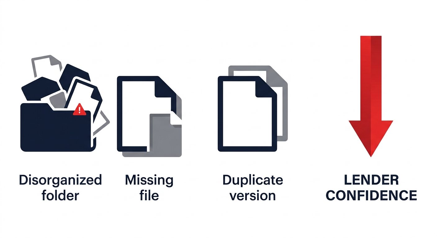 disorganised VDR folders, missing files, duplicate versions cause lender confidence drop