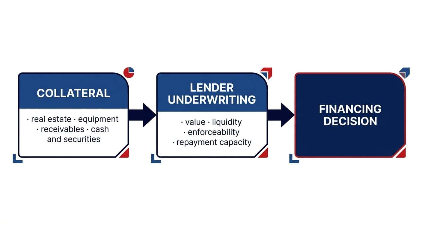Diagram showing how lenders assess collateral assets, collateral value, legal enforceability, and repayment capacity when evaluating secured project financing.