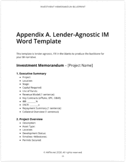 Screenshot of Lender-Agnostic IM Template (Word) from AltFin's Guide